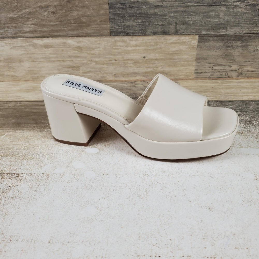 Steve Madden Islah Womens Sandal Sz 6.5 White Leather Square Open Toe Block heel